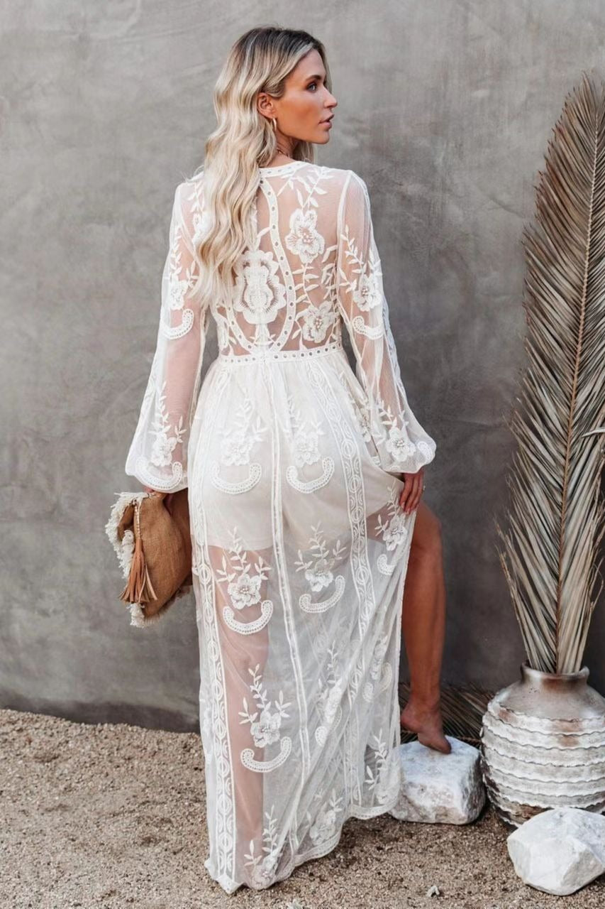 Embroidered Sheer Overlay Plunge V-Neck Bishop Sleeve Slit Maxi Dress
