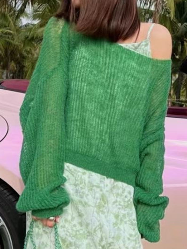See Through Solid Loose Short Long Sleeve Knit