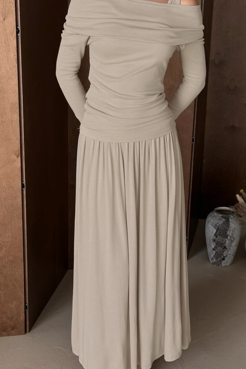 One Shoulder Draped Collar Long Sleeve Ruched Waist Maxi Dress