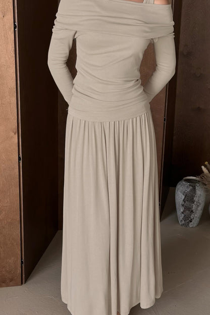 One Shoulder Draped Collar Long Sleeve Ruched Waist Maxi Dress