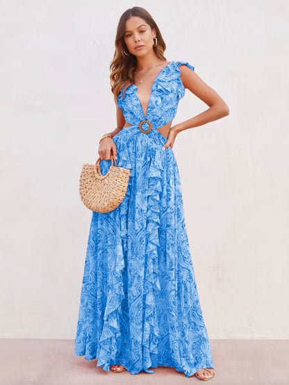 Floral Maxi Dresses Layered Ruffles V-Neck Sleeveless Backless Front Slit Sexy Summer Long Dresses