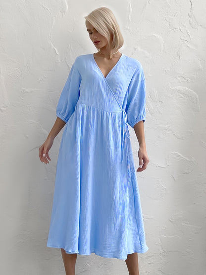 Wrap Dress V-Neck Half Sleeves Belted Casual Summer Midi Dresses