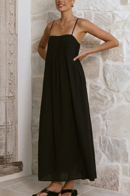Solid Color Pleated Square Neck Suspender Casual Midi Dress
