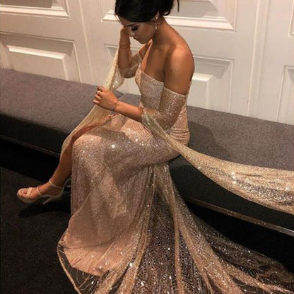 Off-the-Shoulder Sweetheart Mesh Insert Cape Sleeve Glitter High-Slit Maxi Gown
