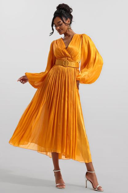 V-Neck Frill Long Sleeve Midi Dress