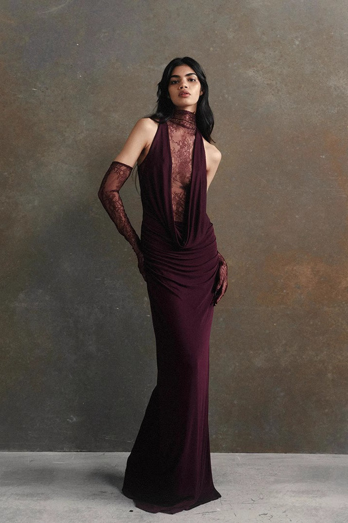 Mock Neck Lace Cowl Overlay Ruched Column Maxi Dress