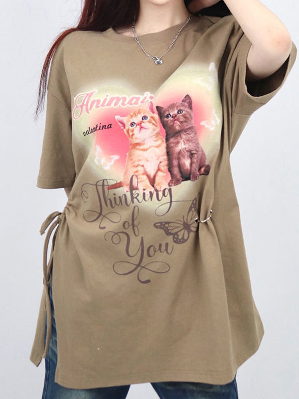 Cat Print Drawstring Oversized Short Sleeve Tee