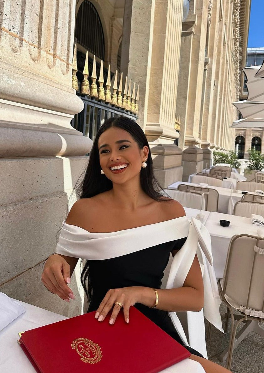 Off Shoulder Bow Drape Band Asymmetric Neck Mini Dress