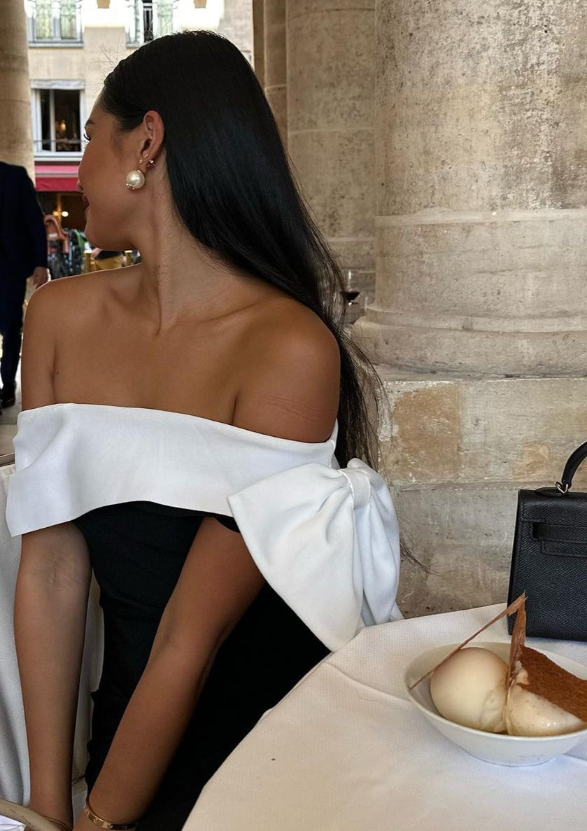 Off Shoulder Bow Drape Band Asymmetric Neck Mini Dress