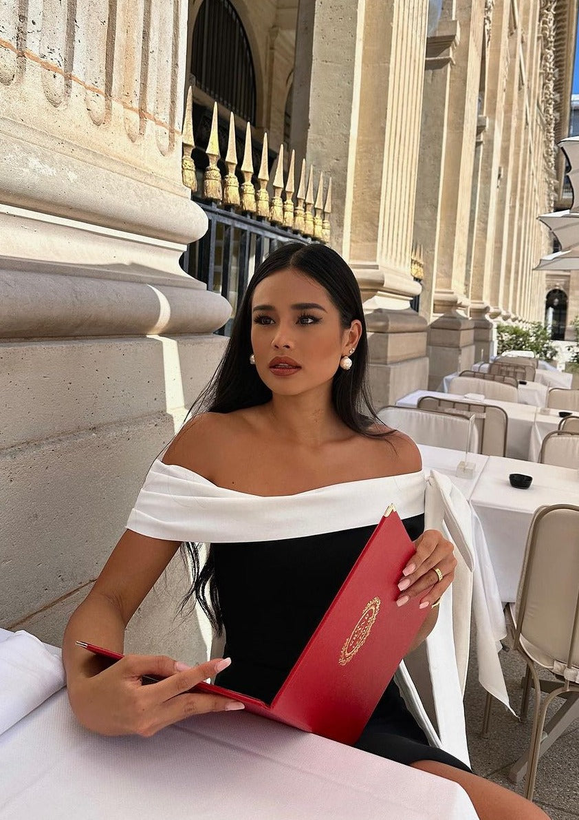 Off Shoulder Bow Drape Band Asymmetric Neck Mini Dress