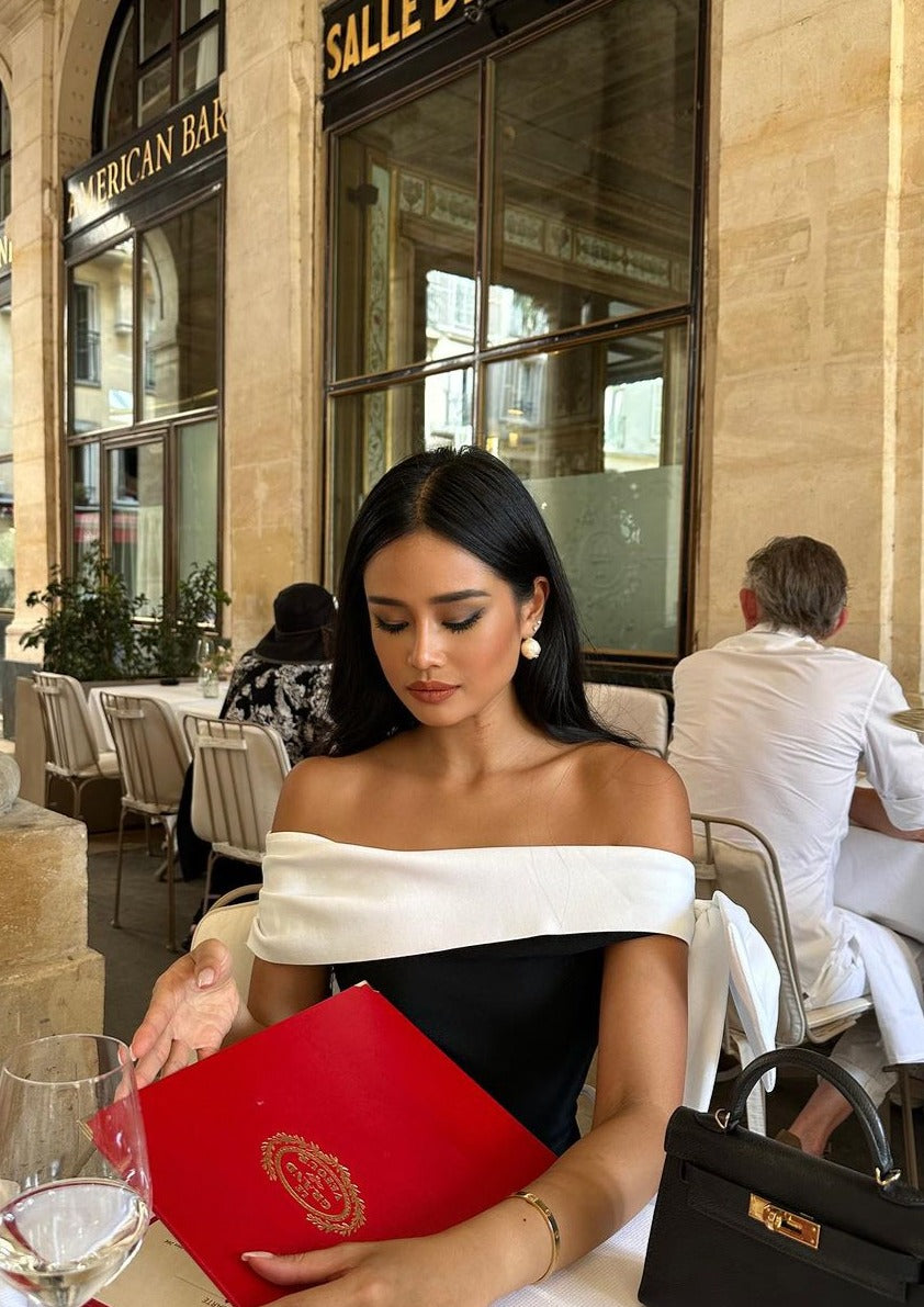 Off Shoulder Bow Drape Band Asymmetric Neck Mini Dress