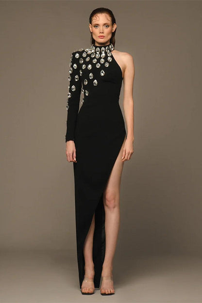 Rhinestone One Shoulder Long Sleeve Slit Bandage Cocktail Dress