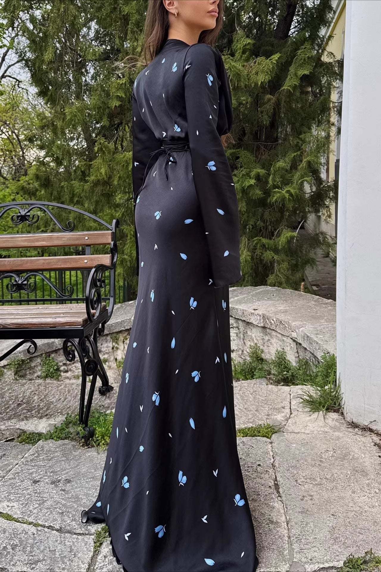 Deep V Neck Bell Sleeve Scattered Floral Satin Maxi Gown