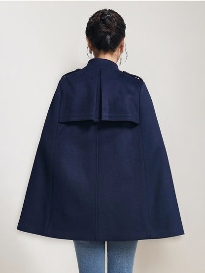 Woolen Cape Coat For Women Stand Collar Dark Navy Double-breasted Winter Poncho Outerwear 2026