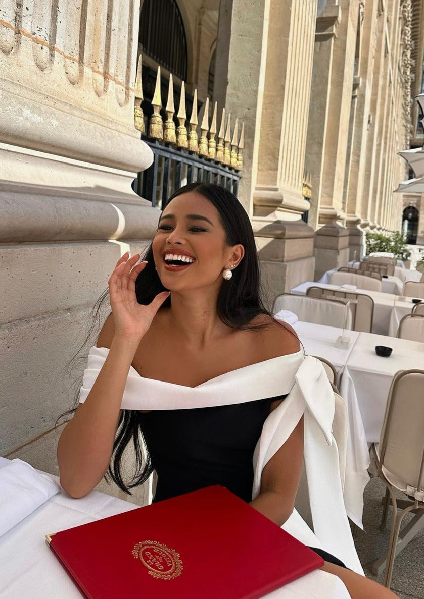 Off Shoulder Bow Drape Band Asymmetric Neck Mini Dress