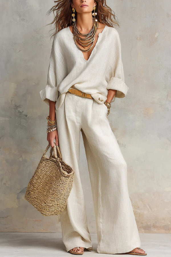 Linen Blend Solid Color Loose V-neck Top and Elastic Waist Pocket Casual Wide-leg Pants Set