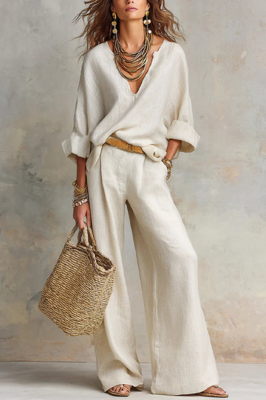 Linen Blend Solid Color Loose V-neck Top and Elastic Waist Pocket Casual Wide-leg Pants Set