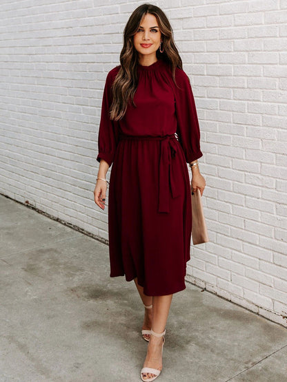 Sash Jewel Neck 3/4 Length Sleeves Midi Dress