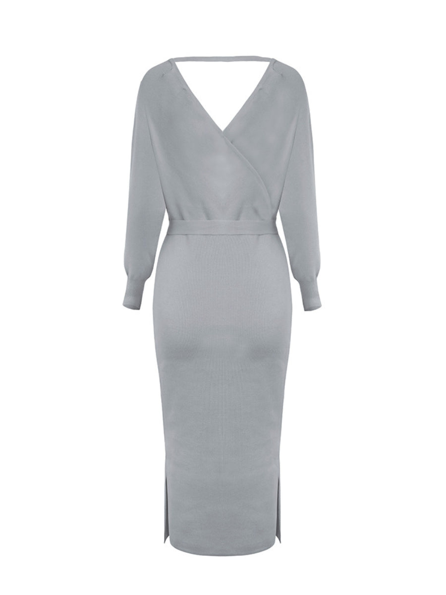 Lorene Tie Waist Midi Sweater Dress - Grey
