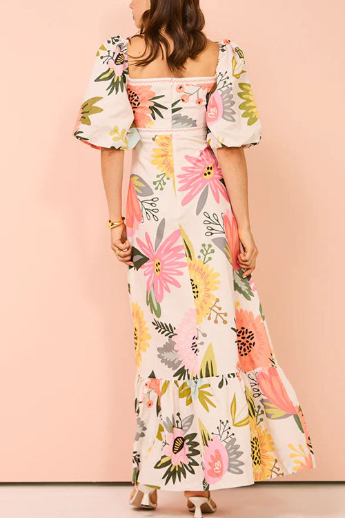 Square Collar Puff Sleeves Floral Print Cotton Linen Ruffle Maxi Dress