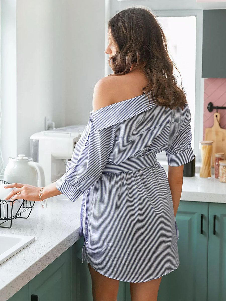 Shirt Dress Baby Blue One-Shoulder Lace Up Half Sleeves Stripes Mini Dresses