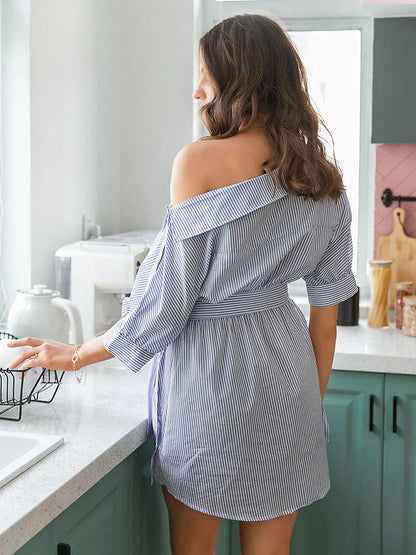Shirt Dress Baby Blue One-Shoulder Lace Up Half Sleeves Stripes Mini Dresses