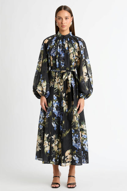 Floral Lantern Sleeve Bottom Midi Dress