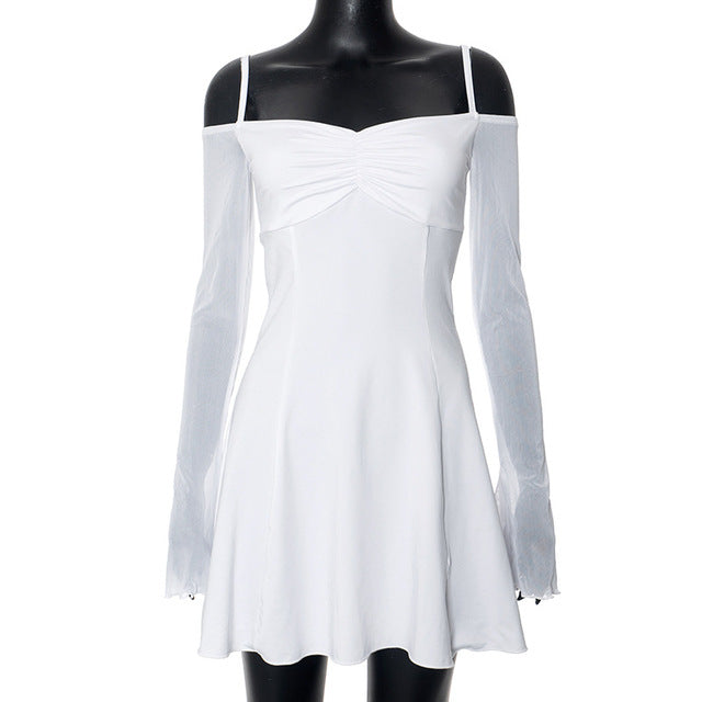TRAUXY Mesh Ruffles Splicing Suspender Mini Dress For Women Off Shoulder Long Sleeve See Through Sexy Bodycon Dress Hot Summer