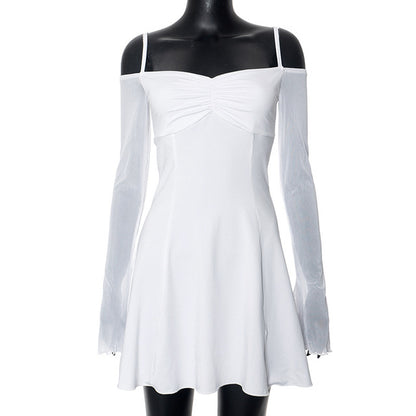 TRAUXY Mesh Ruffles Splicing Suspender Mini Dress For Women Off Shoulder Long Sleeve See Through Sexy Bodycon Dress Hot Summer