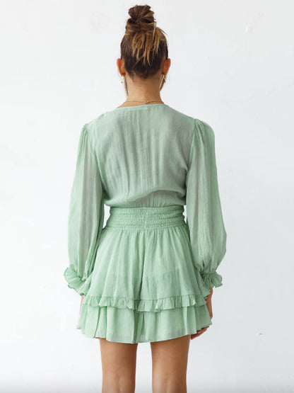Mini Dresses Green V Neck Lace Up Long Sleeves Bows Chiffon Short Summer Dress