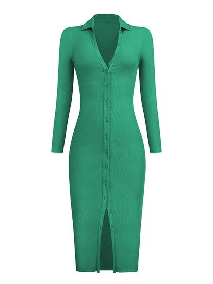 High Waisted Long Sleeves Buttoned Solid Color Lapel Midi Dresses