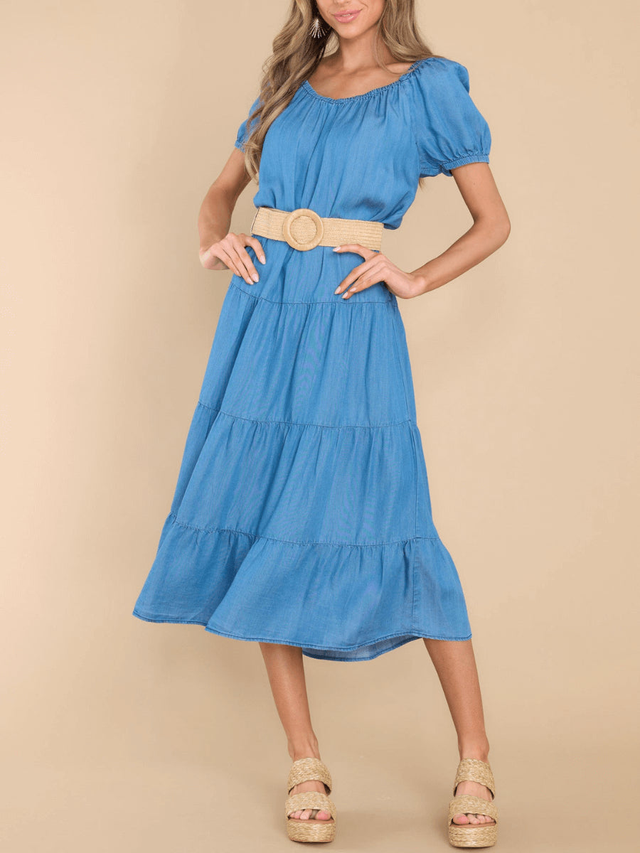 MADELINA TIERED COTTON BLEND DENIM MIDI DRESS