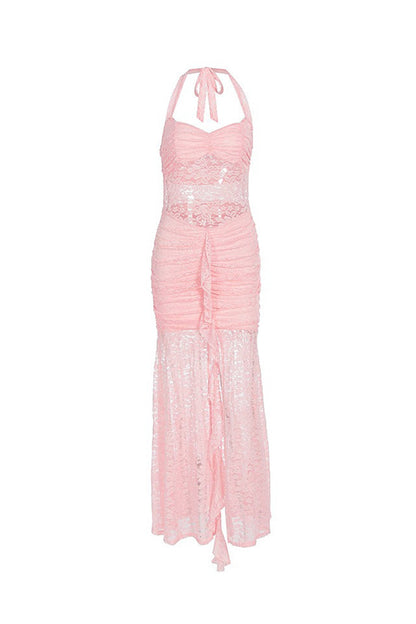 Halterneck Lace Patchwork Ruched Dress