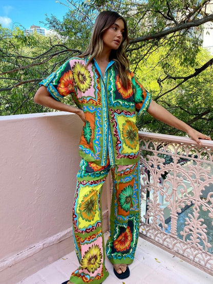Printed Vacation Long-sleeved Shirt Pants Wide Leg Set 2-piece Sets
