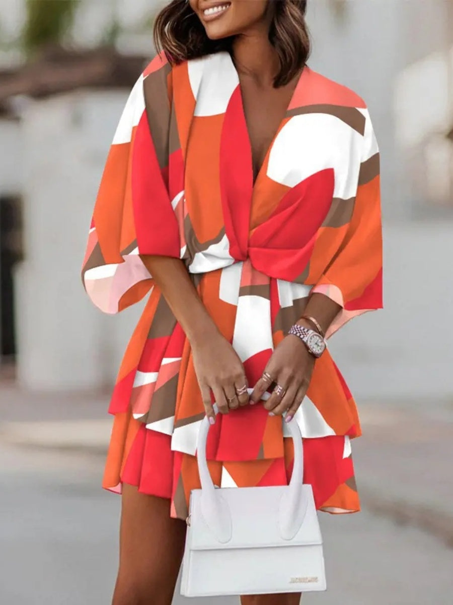 Loose-fit Batwing Sleeves Printed Commuting Mini&Short Dresses