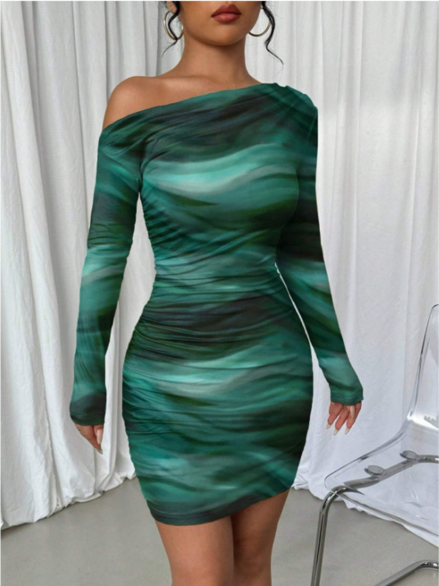 Pleated Slim-fit Hip-hugging Slant Collar Printed Mini&Short Dresses