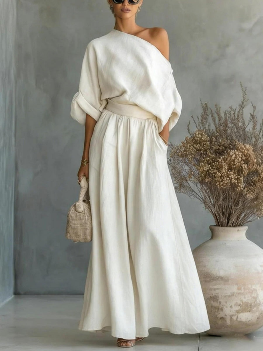 Loose-fit Off-shoulder Jacket Wide-leg Pants Set 2-piece Sets