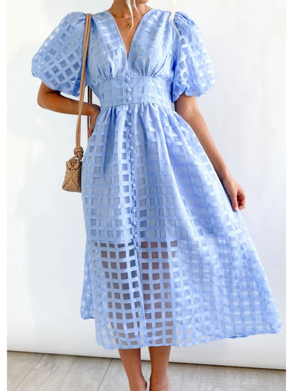Balloon Sleeve Color Hollow Temperament Midi Dresses