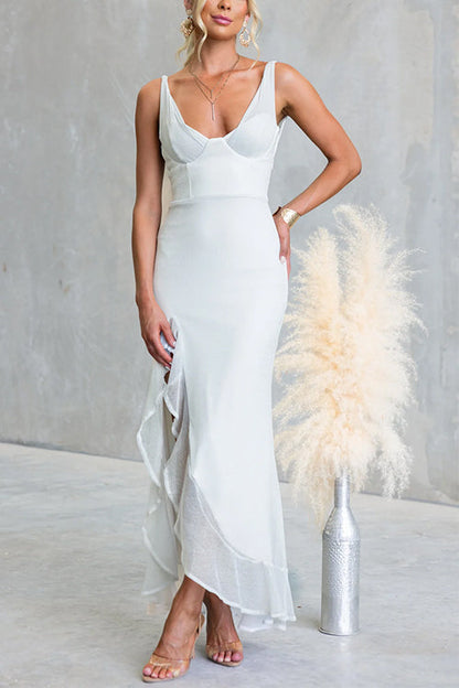 Glitter V Neck Sleeveles Ruffle Slit Maxi Dress