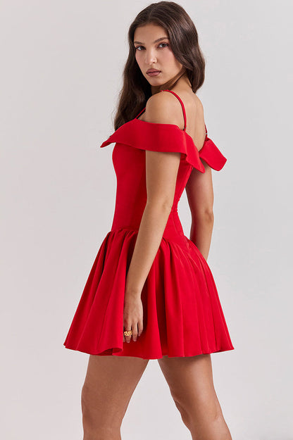 Off Shoulder Fold Over Collar Spaghetti Strap Pleated Fit and Flare Mini Dress
