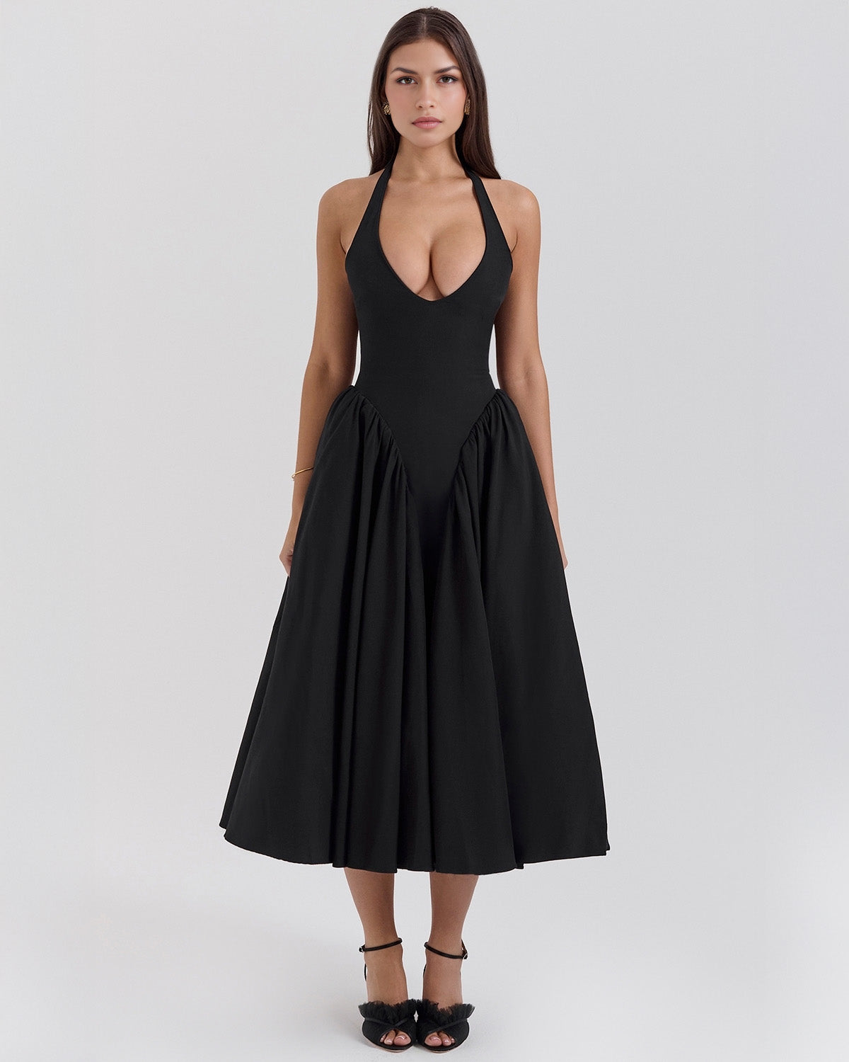 Halter Deep V Drop Waist Gathered Pleated Midi Dress