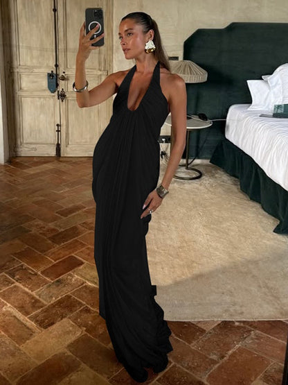 Loose-fitting, Backless, Sleeveless, V-neck, Pleated Halter-neck Mesh Long Dress