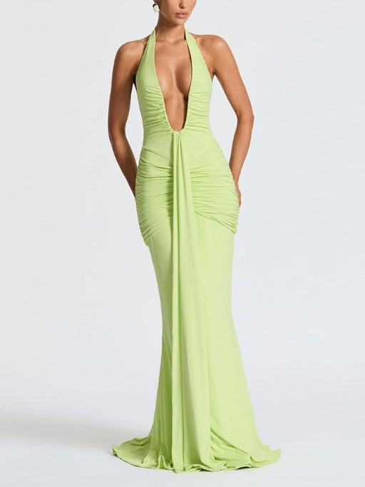 Halter Neck Deep V-neck Fitted Waist Long Dress Sexy Backless Ribbon Fishtail Long Dress