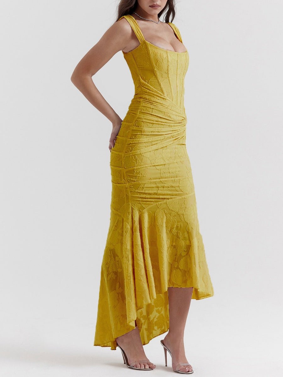 Sleeveless Solid Color Off-shoulder Sleeveless Fishbone Waist Dress