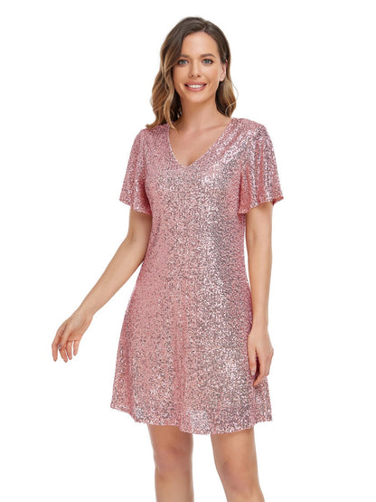 V-neck Fine Flash A Pendulum Mini&Short Dresses