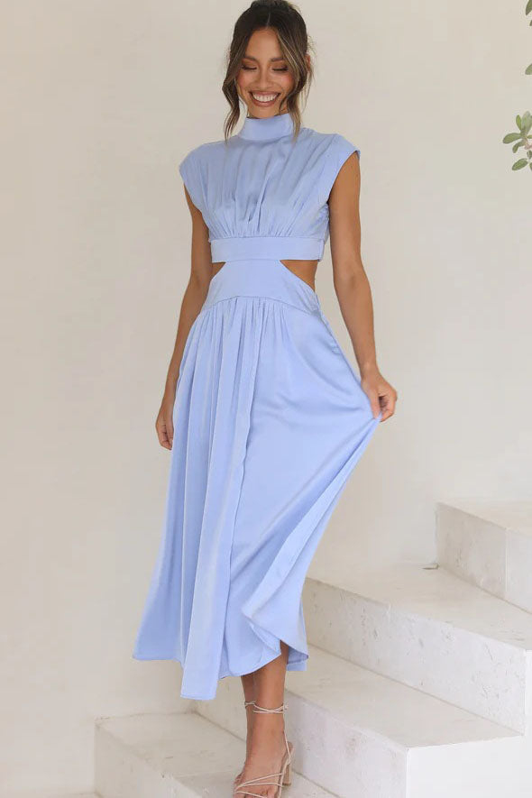 Mock Neck Ruched Bodice Waist Cut Out Flowy Midi Dress