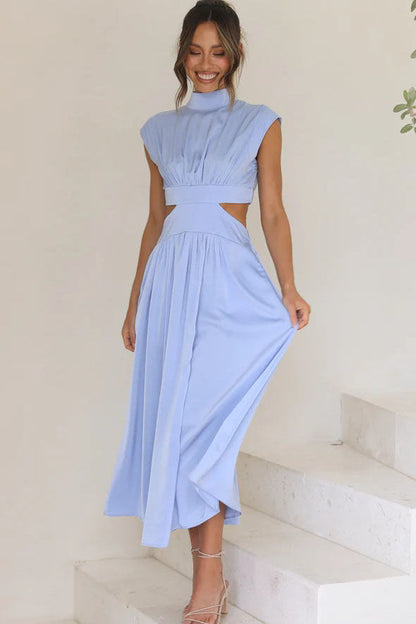 Mock Neck Ruched Bodice Waist Cut Out Flowy Midi Dress
