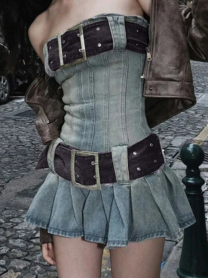 Vintage Denim Belted Bandeau Pleated Mini Dress