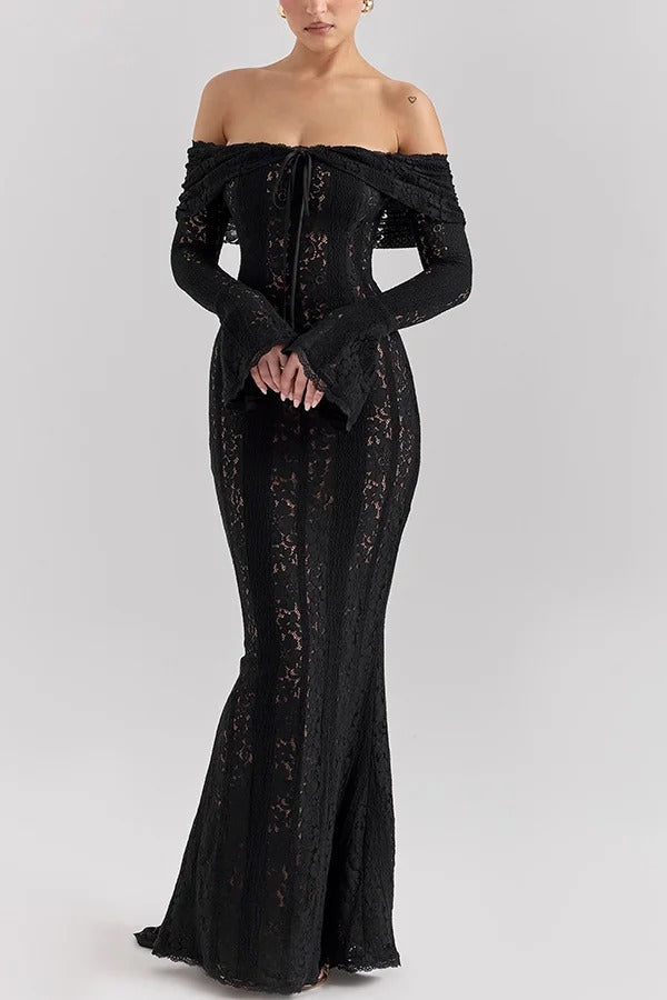 Floral Lace Off Shoulder Bell Sleeve Mermaid Maxi Dress