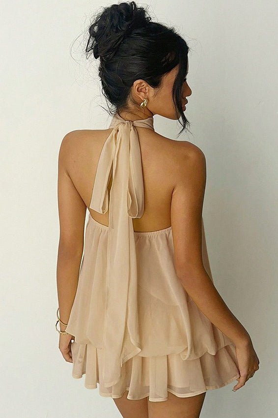 Halter Mock Neck Gathered Tiered Chiffon Flared Mini Dress